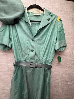 Vintage 1950s Girl Scout Uniform Dress Beret Belt Whistle Official Cotton